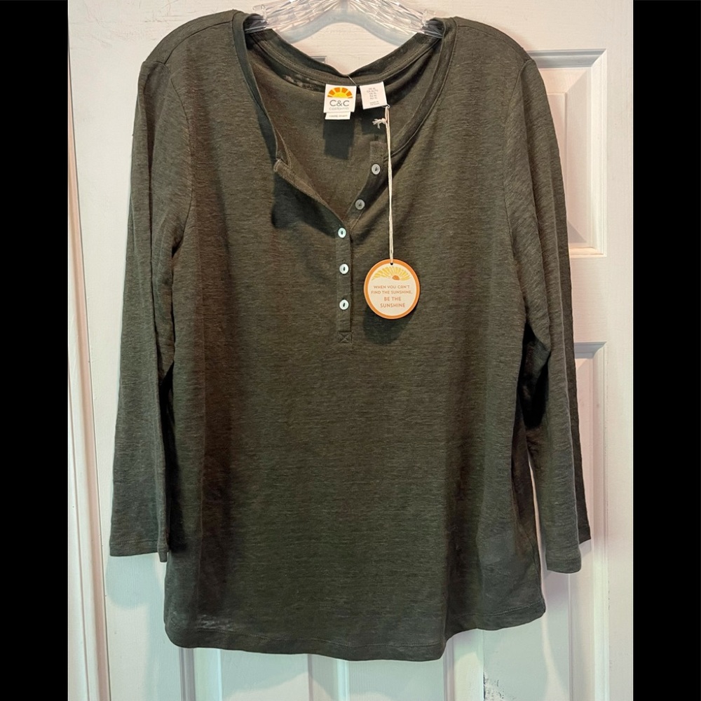 C&C California Olive Green Linen Henley Shirt XL